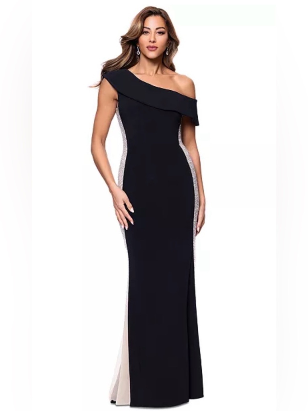 XSCAPE - Crystal Mesh Detail One-Shoulder Sheath Detail Gown Size 12 - Picture 2 of 16